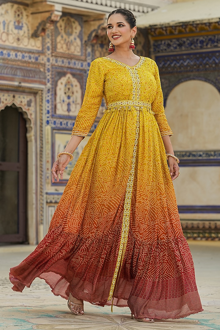 Yellow Chinon Silk Bandhani Printed & Mirror Work Gathered Gown by Scakhi Luxe at Pernia's Pop Up Shop