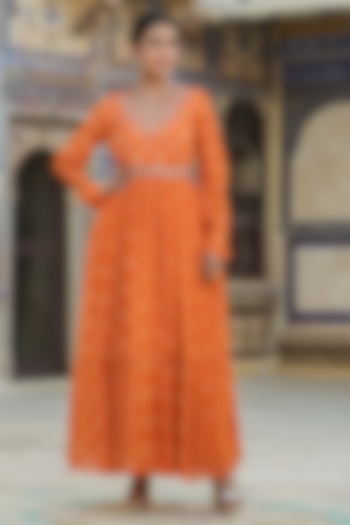 Orange Chinon Silk Bandhani Printed & Mirror Work Gathered Gown by Scakhi