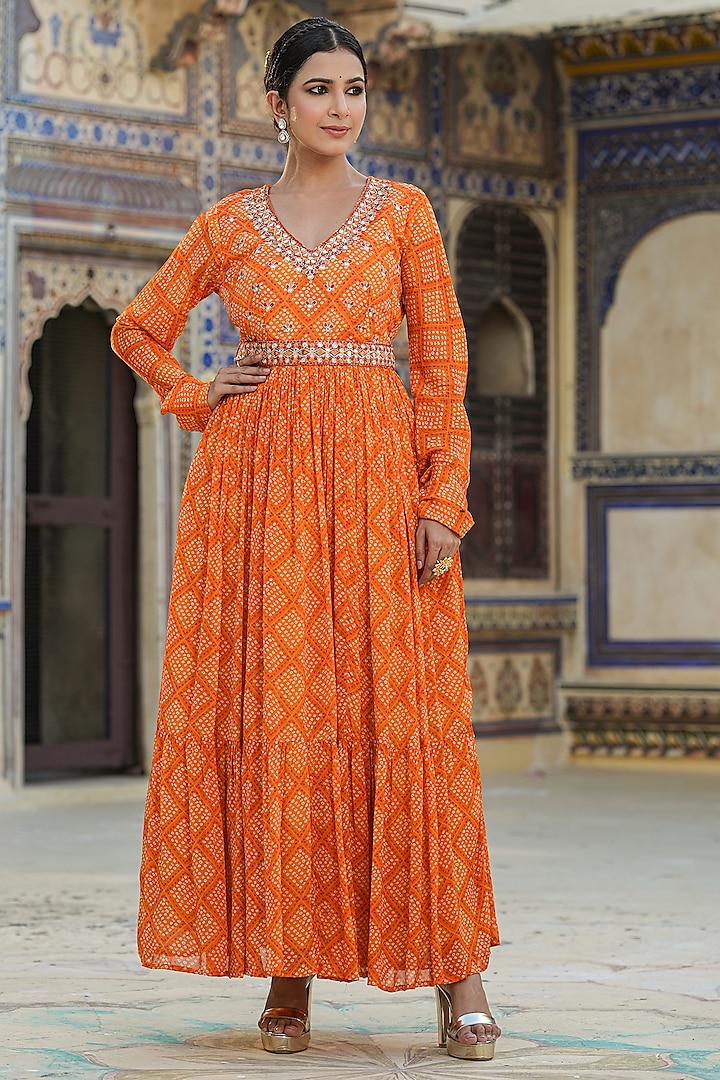 Orange Chinon Silk Bandhani Printed & Mirror Work Gathered Gown by Scakhi