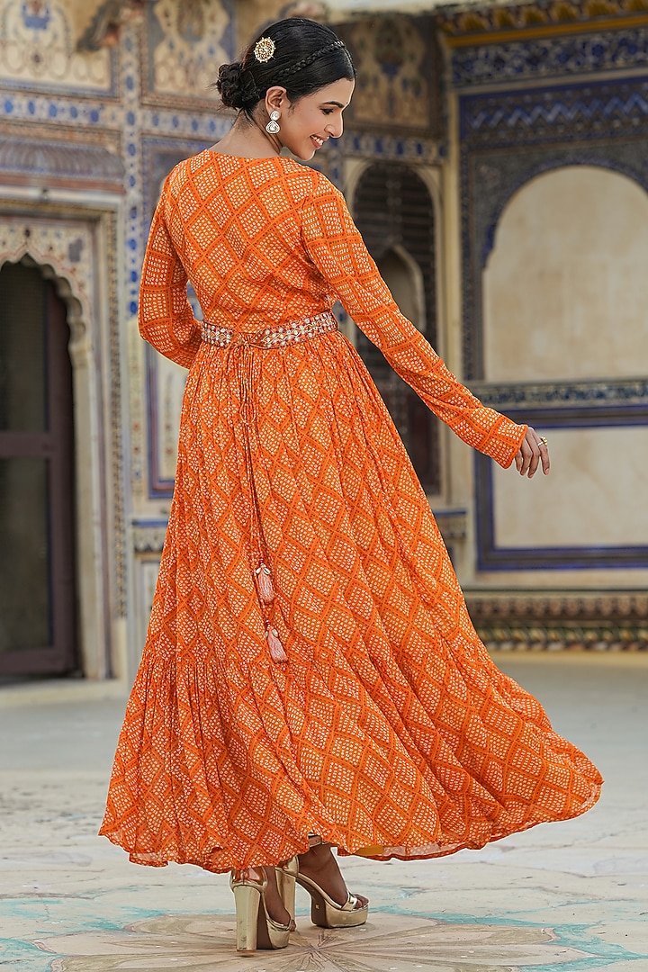 Orange Chinon Silk Bandhani Printed & Mirror Work Gathered Gown by Scakhi Luxe at Pernia's Pop Up Shop