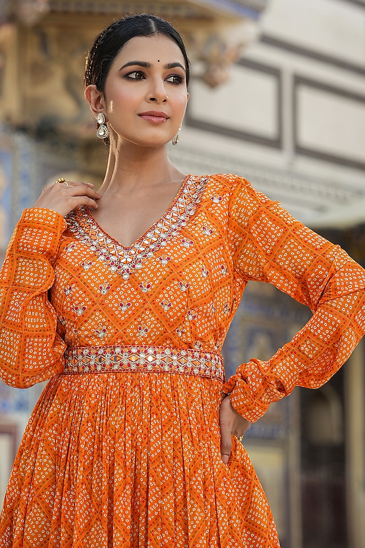 Orange Chinon Silk Bandhani Printed & Mirror Work Gathered Gown by Scakhi  Luxe at Pernia's Pop Up Shop