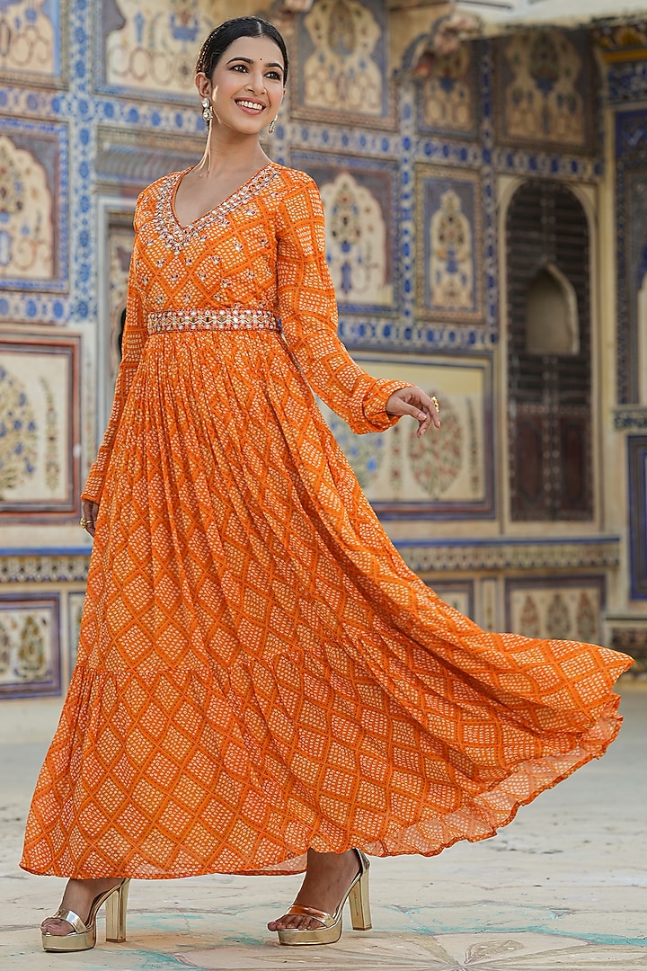 Orange Chinon Silk Bandhani Printed & Mirror Work Gathered Gown by Scakhi Luxe at Pernia's Pop Up Shop