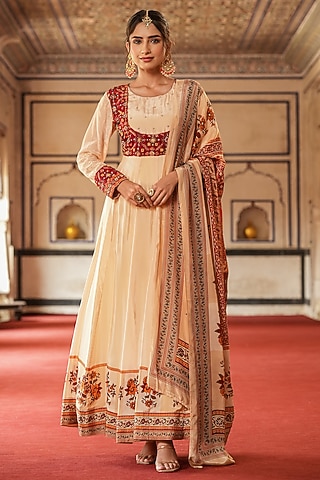 Cream Crepe Silk Floral Printed & Embellished Anarkali Set by Scakhi Luxe