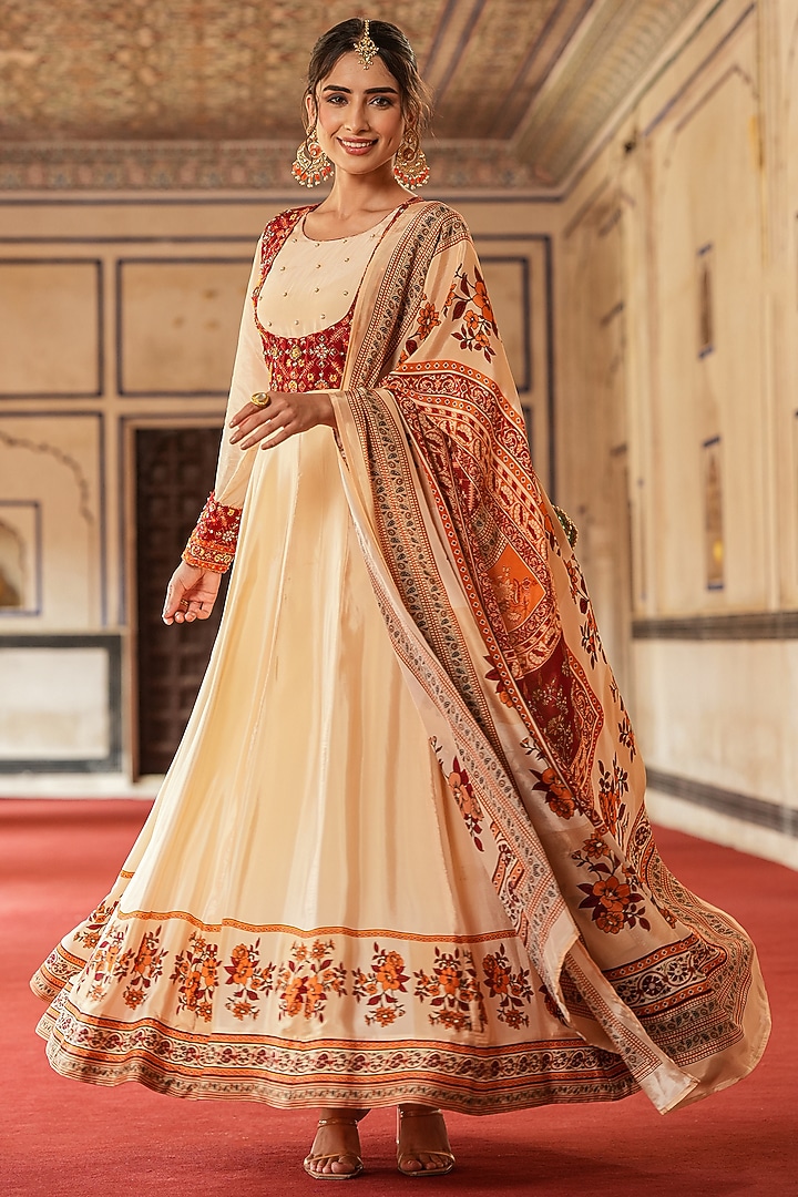 Cream Crepe Silk Floral Printed & Embellished Party Wear Anarkali Set by Scakhi Luxe at Pernia's Pop Up Shop