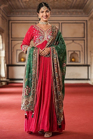 Red Chinon Silk Mirror Embellished Gathered Gown With Dupatta by Scakhi Luxe