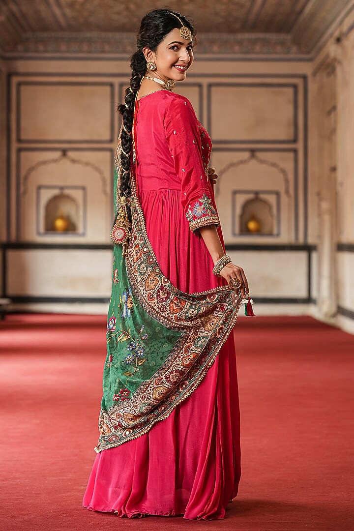 Red Chinon Silk Mirror Embellished Gathered Party Wear Gown With Dupatta by Scakhi Luxe at Pernia's Pop Up Shop