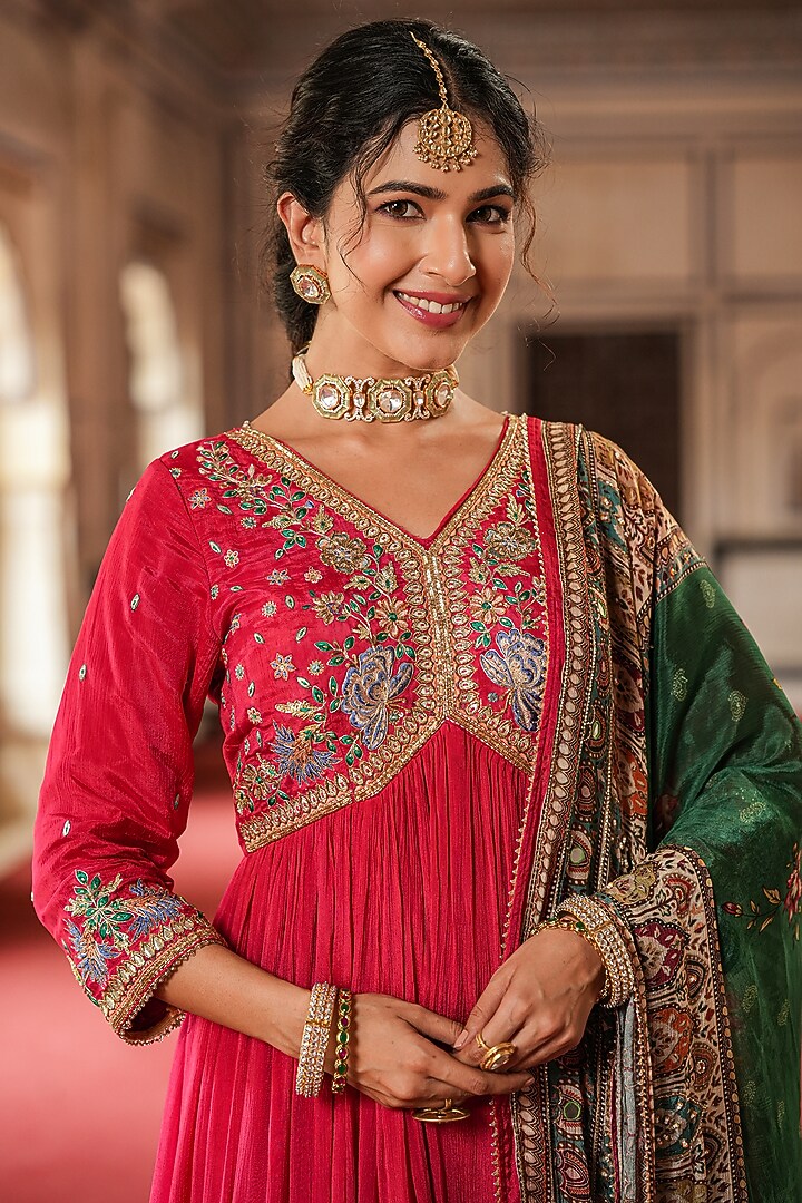 Red Chinon Silk Mirror Embellished Gathered Party Wear Gown With Dupatta by Scakhi Luxe at Pernia's Pop Up Shop