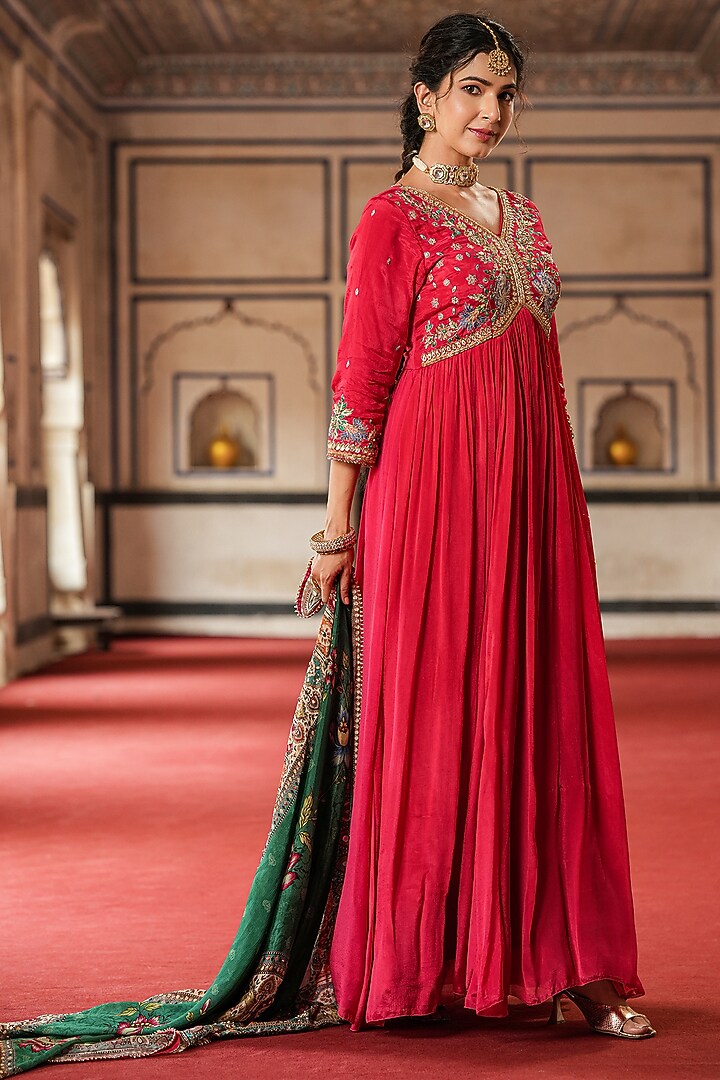 Red Chinon Silk Mirror Embellished Gathered Party Wear Gown With Dupatta by Scakhi Luxe at Pernia's Pop Up Shop