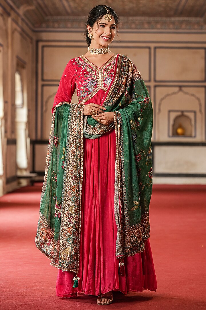 Red Chinon Silk Mirror Embellished Gathered Party Wear Gown With Dupatta by Scakhi Luxe at Pernia's Pop Up Shop