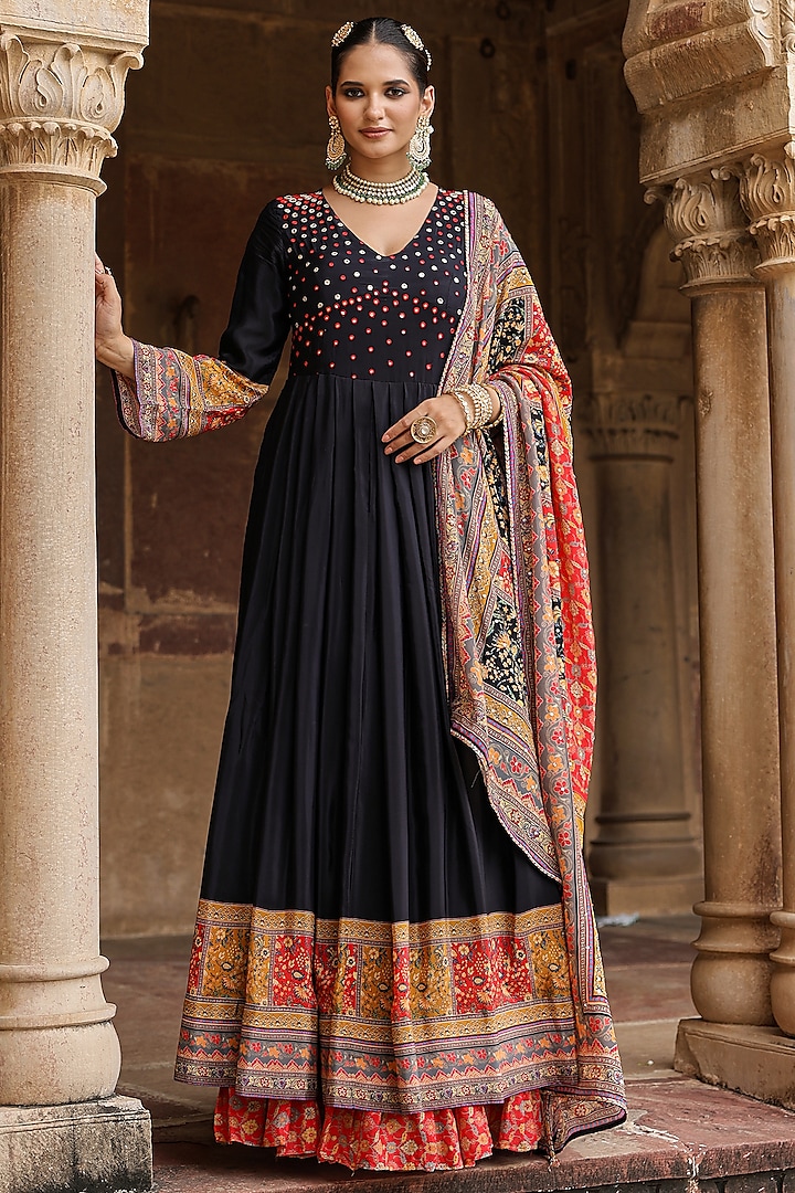Black Crepe Silk Printed & Mirror Embellished Gathered Party Wear Gown With Dupatta by Scakhi Luxe at Pernia's Pop Up Shop