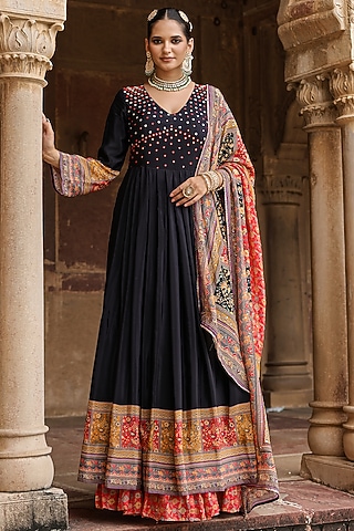 Black Crepe Silk Printed & Mirror Embellished Gathered Gown With Dupatta by Scakhi Luxe