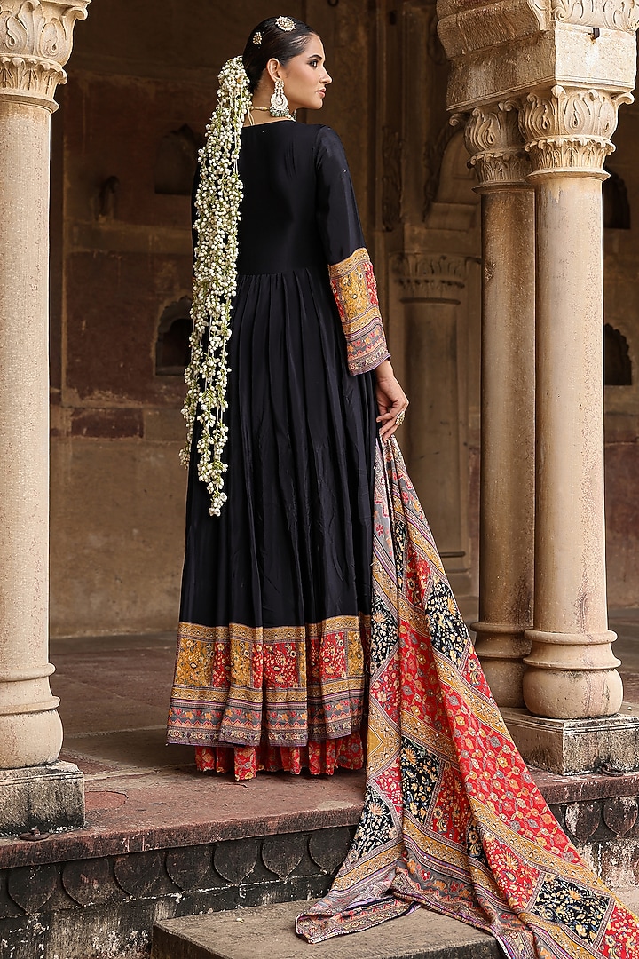 Black Crepe Silk Printed & Mirror Embellished Gathered Party Wear Gown With Dupatta by Scakhi Luxe at Pernia's Pop Up Shop