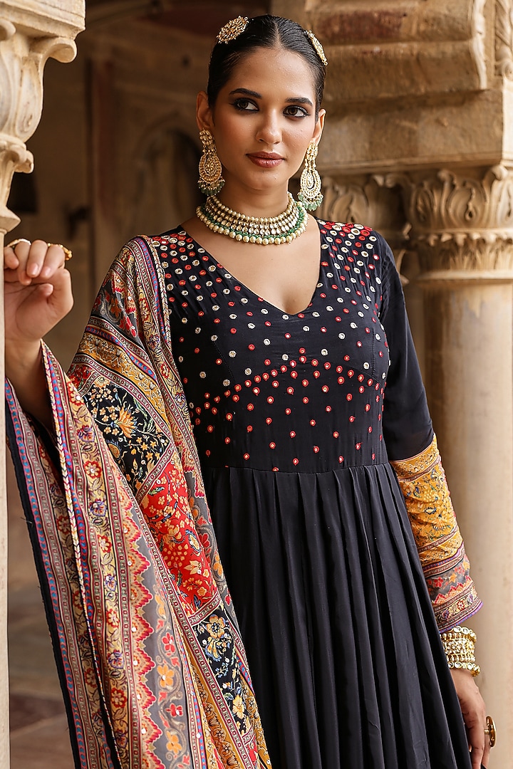 Black Crepe Silk Printed & Mirror Embellished Gathered Party Wear Gown With Dupatta by Scakhi Luxe at Pernia's Pop Up Shop