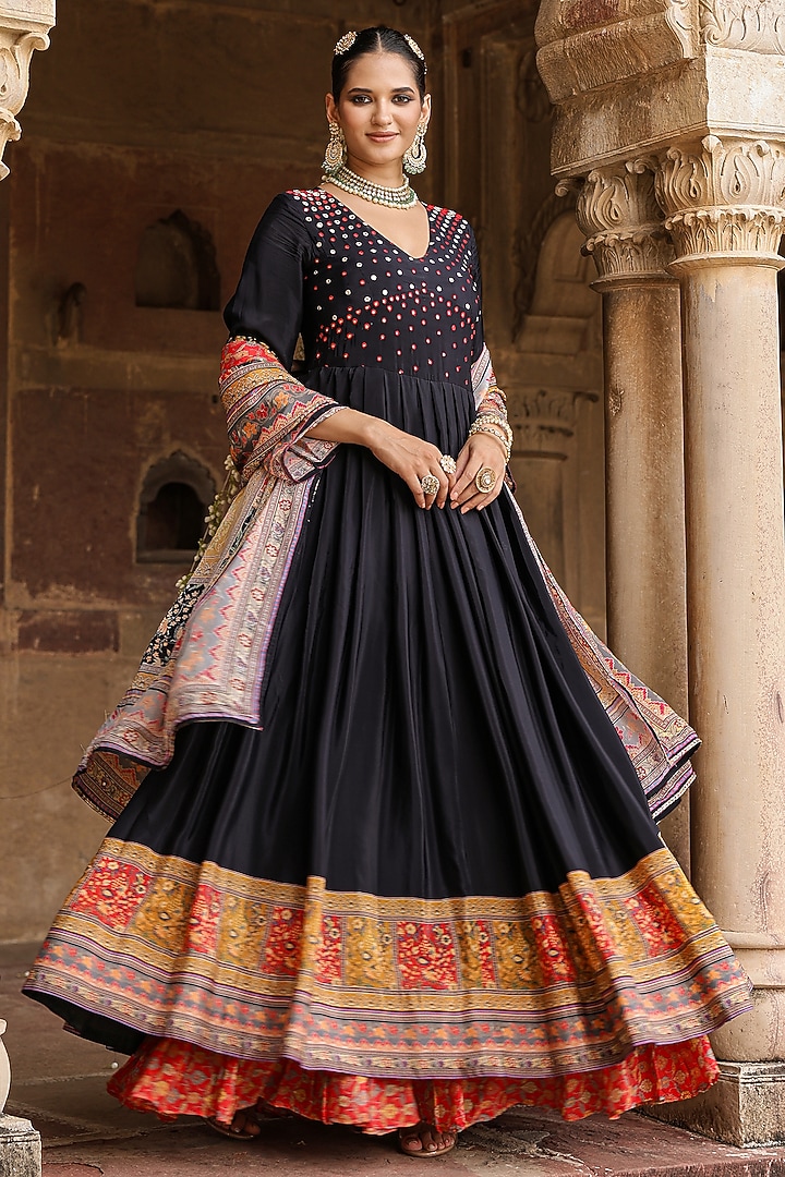 Black Crepe Silk Printed & Mirror Embellished Gathered Party Wear Gown With Dupatta by Scakhi Luxe at Pernia's Pop Up Shop