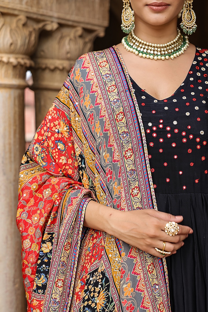 Black Crepe Silk Printed & Mirror Embellished Gathered Party Wear Gown With Dupatta by Scakhi Luxe at Pernia's Pop Up Shop