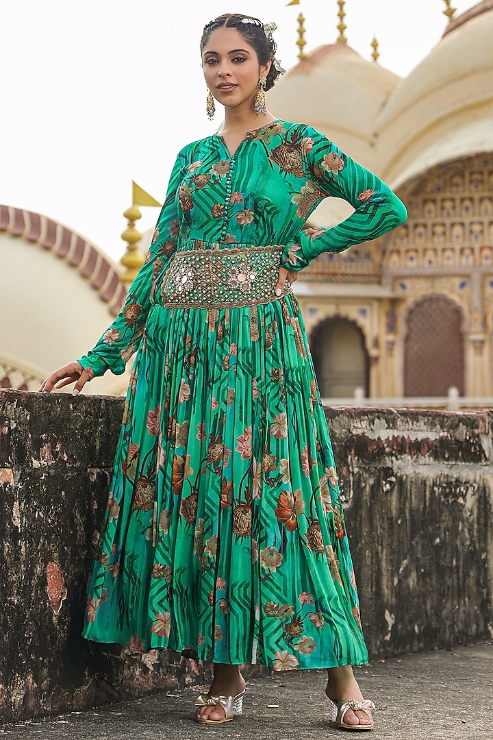 Green Chinon Silk Floral Printed Gathered Gown With Belt by Scakhi