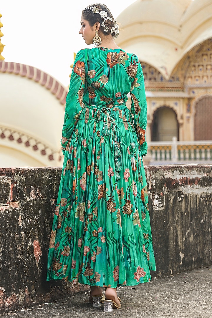 Green Chinon Silk Floral Printed Gathered Party Wear Gown With Belt by Scakhi Luxe at Pernia's Pop Up Shop