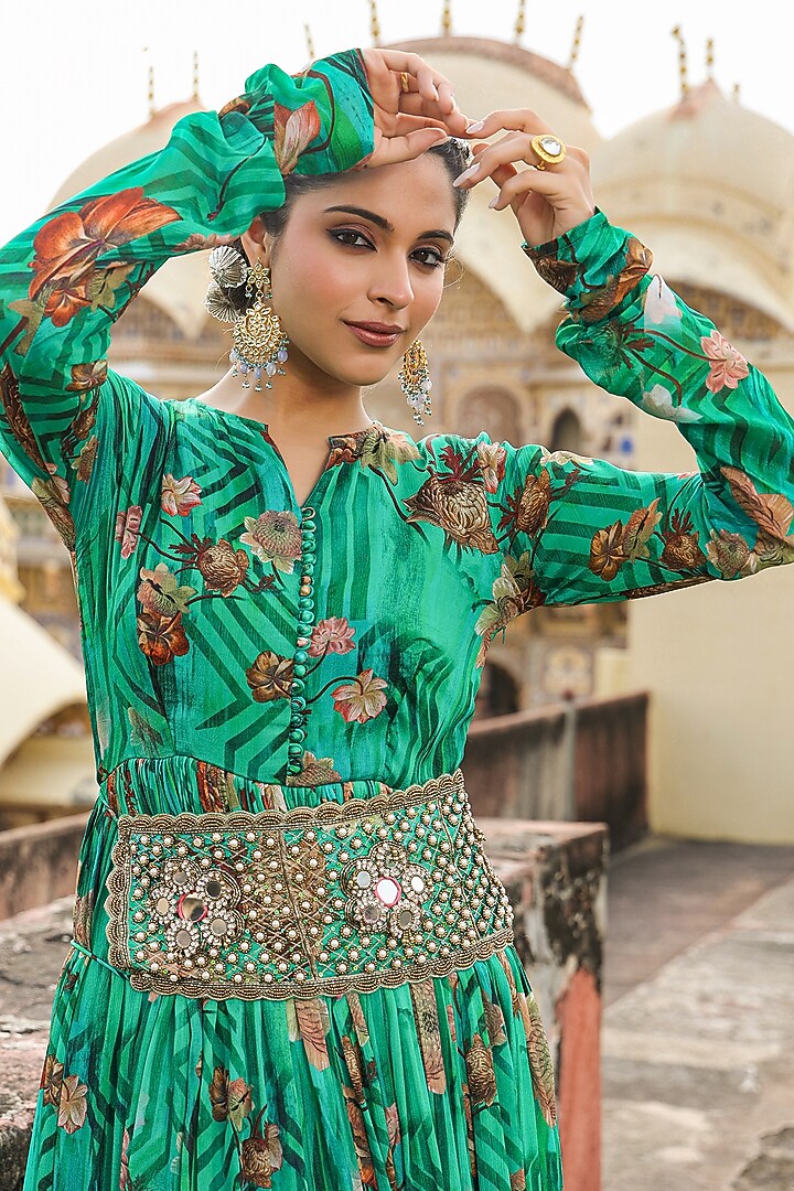 Green Chinon Silk Floral Printed Gathered Party Wear Gown With Belt by Scakhi Luxe at Pernia's Pop Up Shop