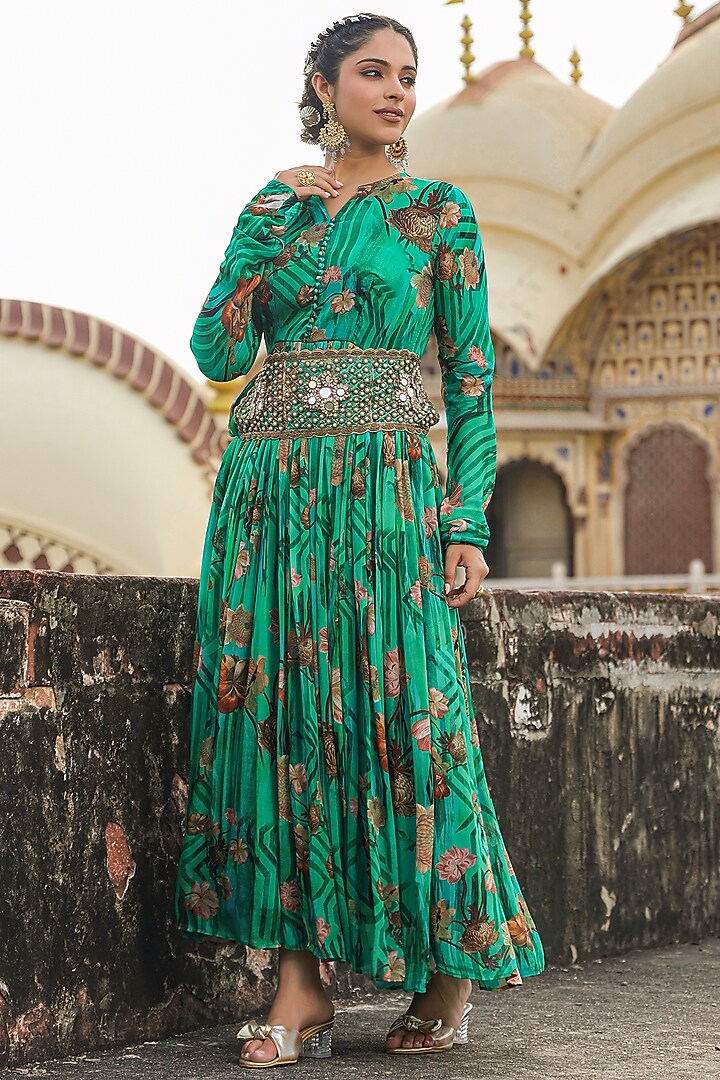 Green Chinon Silk Floral Printed Gathered Party Wear Gown With Belt by Scakhi Luxe at Pernia's Pop Up Shop