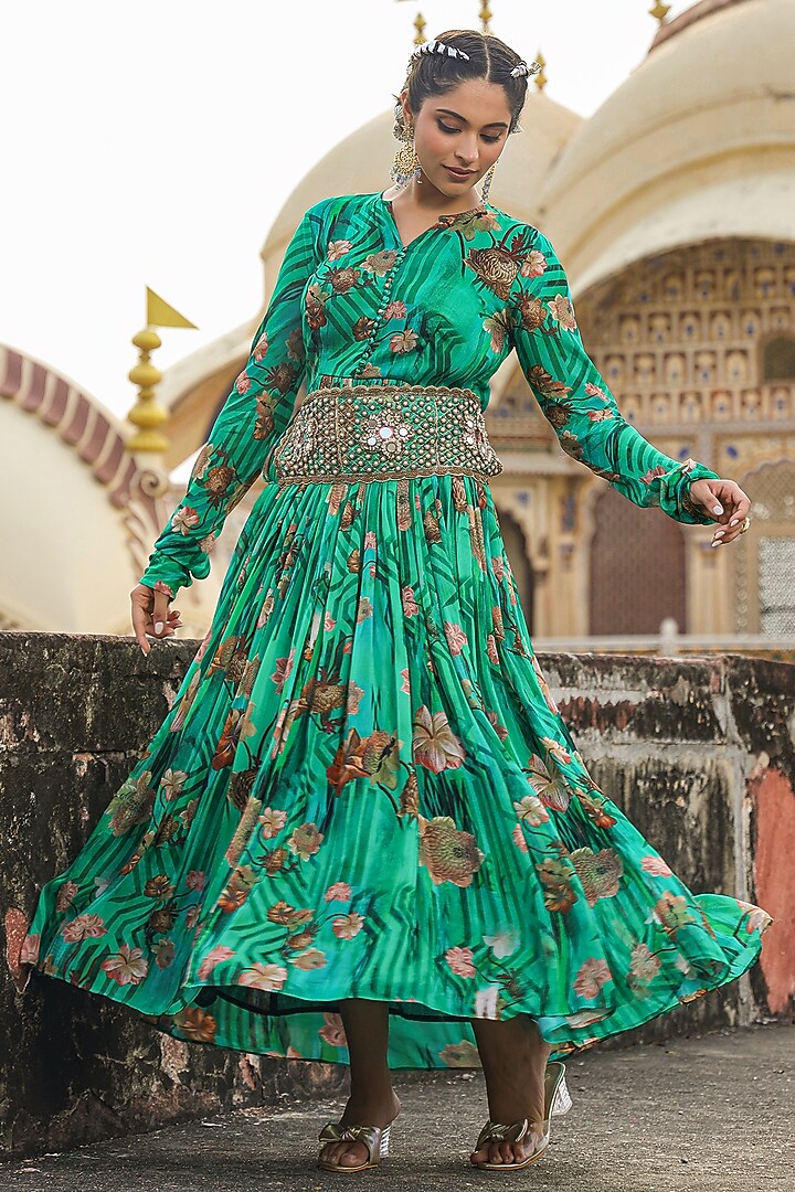 Green Chinon Silk Floral Printed Gathered Party Wear Gown With Belt by Scakhi Luxe at Pernia's Pop Up Shop