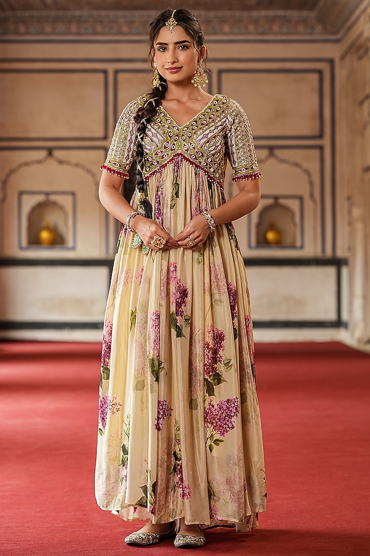 Beige Chinon Silk Floral Printed & Handwork Gathered Gown by Scakhi at Pernia's Pop Up Shop