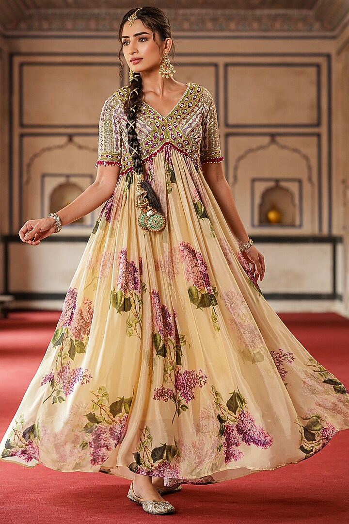 Beige Chinon Silk Floral Printed & Handwork Gathered Party Wear Gown by Scakhi Luxe at Pernia's Pop Up Shop