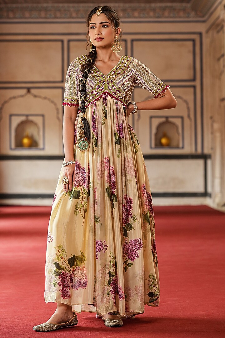 Beige Chinon Silk Floral Printed & Handwork Gathered Party Wear Gown by Scakhi Luxe at Pernia's Pop Up Shop