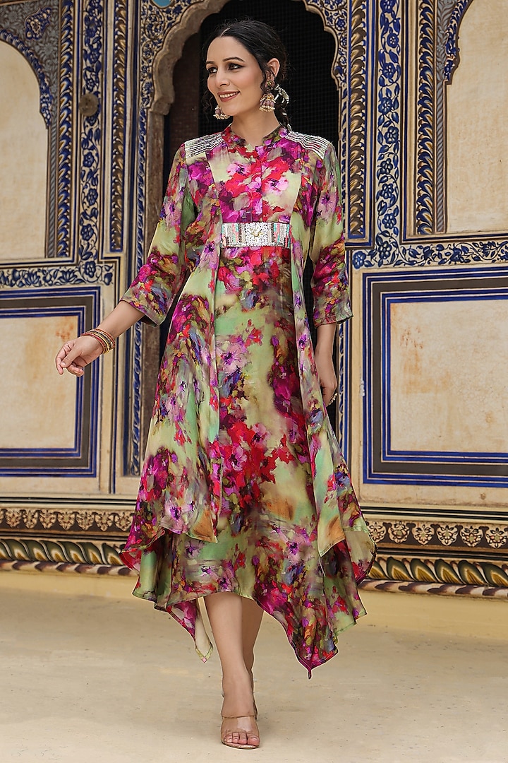 Multi-Colored Satin Floral Printed & Embellished Kaftan by Scakhi Luxe at Pernia's Pop Up Shop