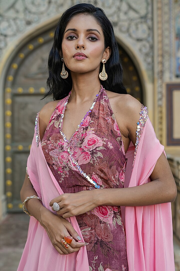 Mauve Crepe Silk Floral Printed Jumpsuit With Cape by Scakhi Luxe at Pernia's Pop Up Shop