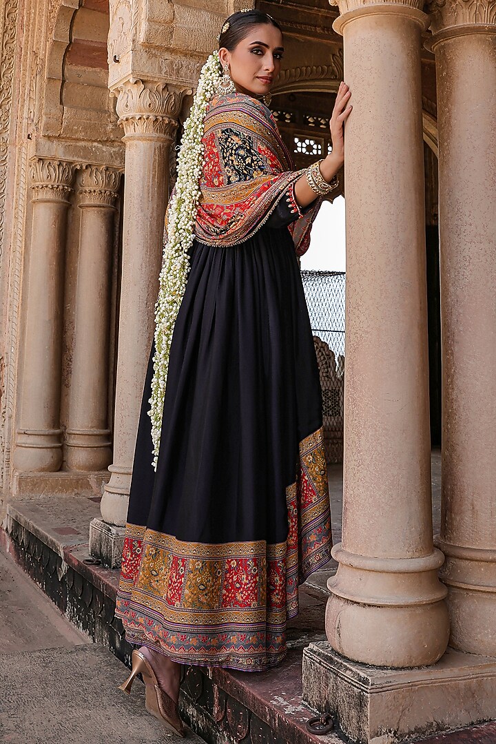 Black Chinon Silk Printed & Embellished Asymmetrical Kurta Set by Scakhi Luxe at Pernia's Pop Up Shop