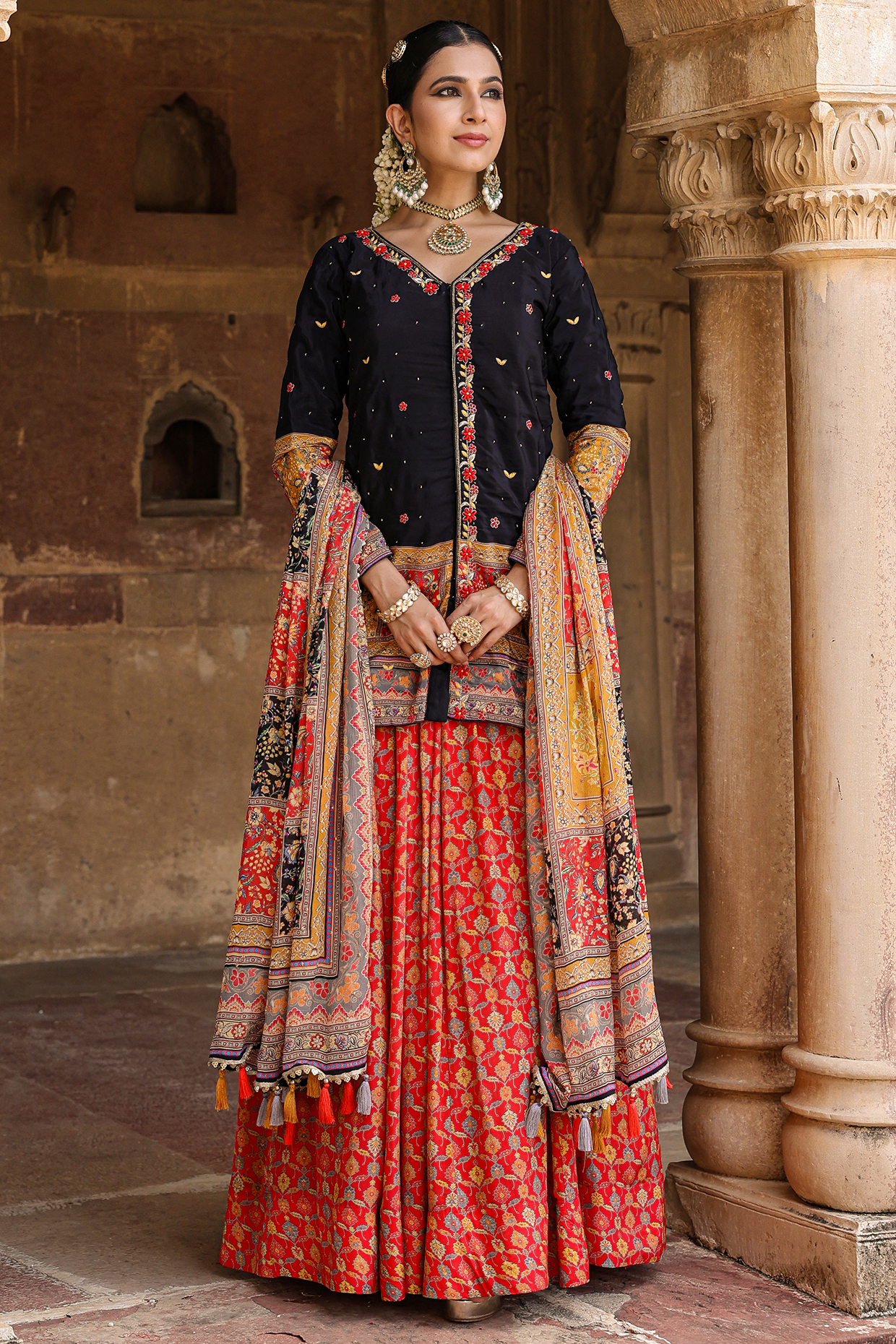 Red Crepe Silk Jaal Printed Gathered Lehenga Set by Scakhi Luxe at Pernia's Pop Up Shop