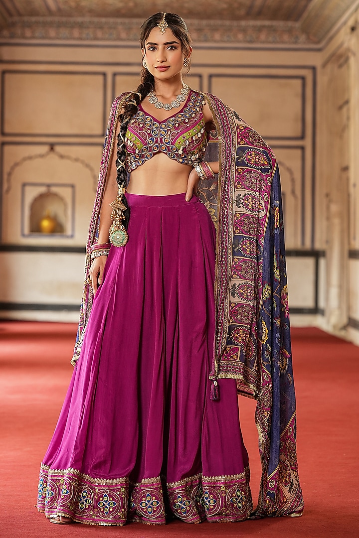 Purple Chinon Silk Kutch Embroidered Kalidar Lehenga Set by Scakhi Luxe at Pernia's Pop Up Shop