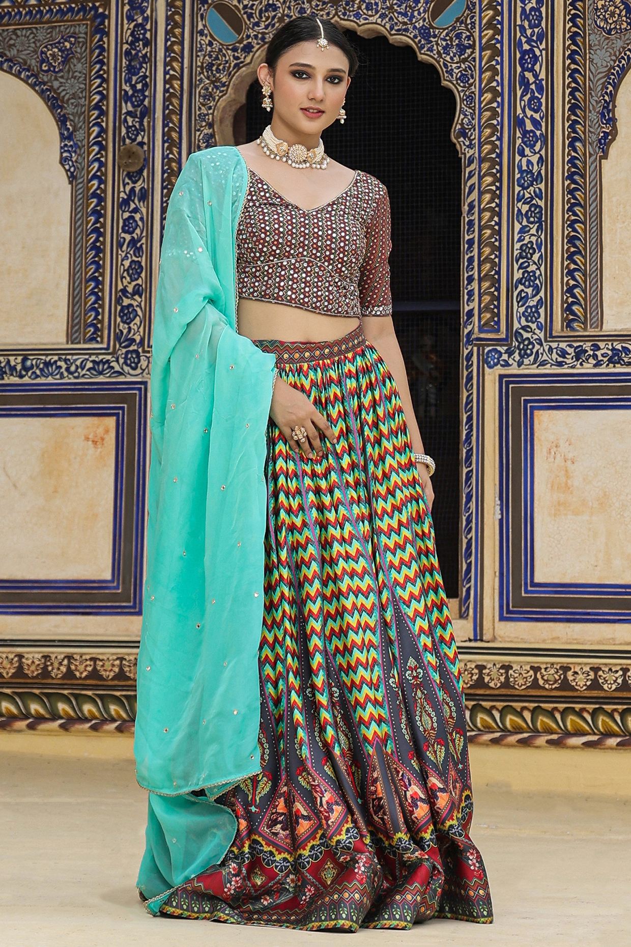 Multi-Colored Satin Ajrakh Printed Gathered Lehenga Set by Scakhi Luxe at Pernia's Pop Up Shop