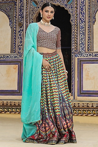 Multi-Colored Satin Ajrakh Printed Gathered Lehenga Set by Scakhi Luxe