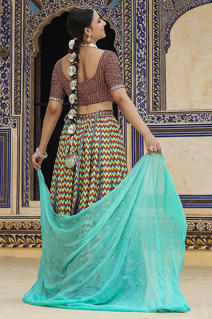 Multi-Colored Satin Ajrakh Printed Gathered Lehenga Set by Scakhi Luxe at Pernia's Pop Up Shop