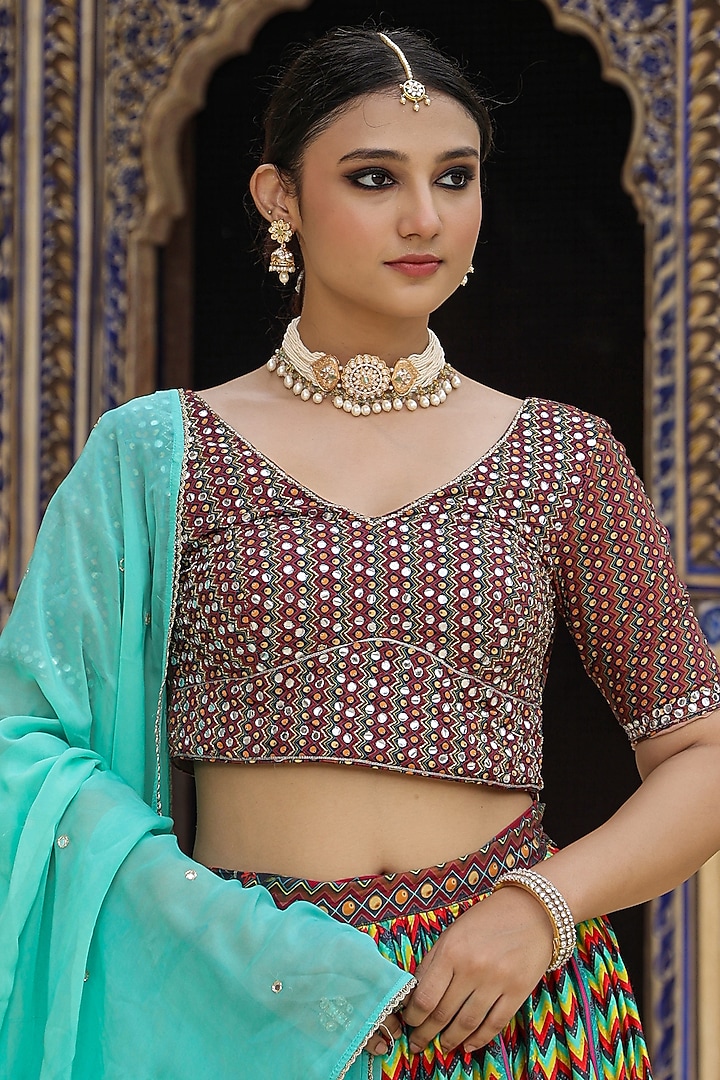 Multi-Colored Satin Ajrakh Printed Gathered Lehenga Set by Scakhi Luxe at Pernia's Pop Up Shop
