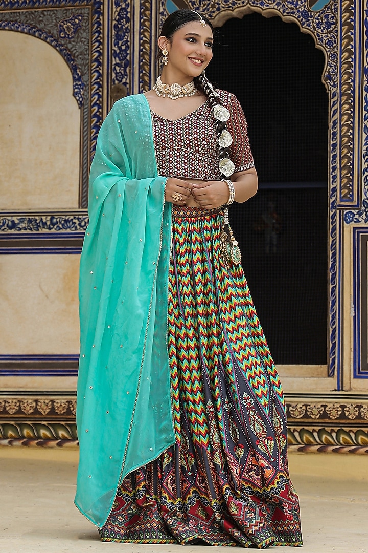 Multi-Colored Satin Ajrakh Printed Gathered Lehenga Set by Scakhi Luxe at Pernia's Pop Up Shop