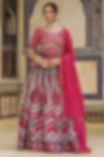 Purple Satin Ajrakh Printed Gathered Lehenga Set by Scakhi Luxe at Pernia's Pop Up Shop