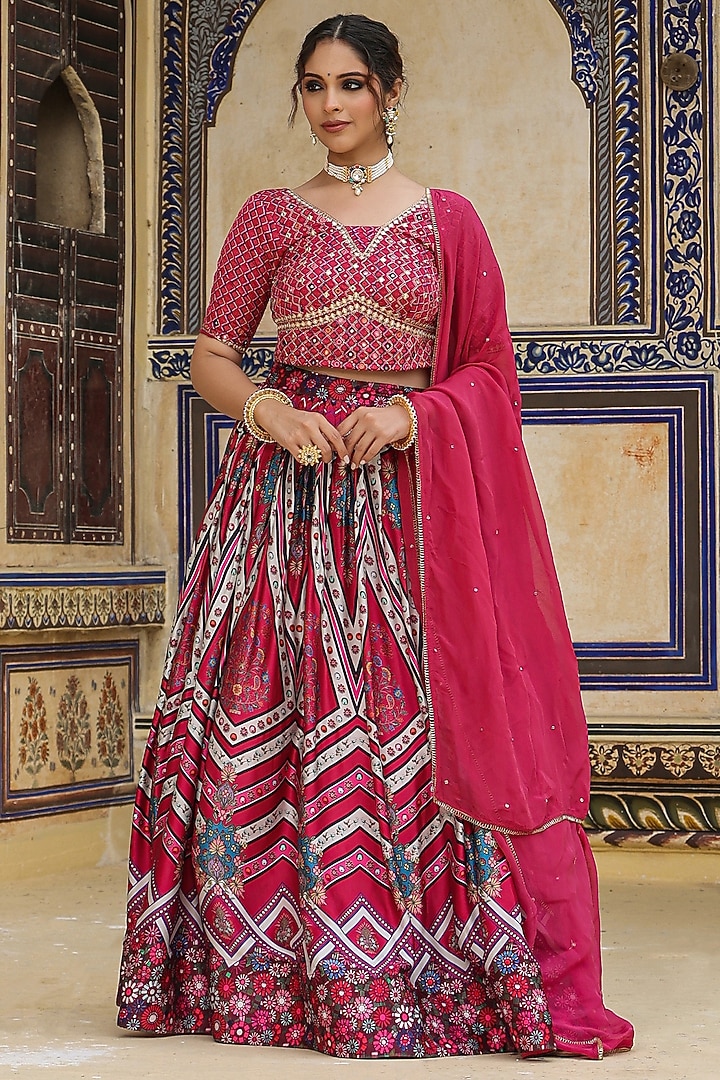 Purple Satin Ajrakh Printed Gathered Lehenga Set by Scakhi Luxe at Pernia's Pop Up Shop