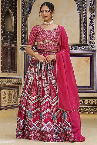 Purple Satin Ajrakh Printed Gathered Lehenga Set by Scakhi Luxe
