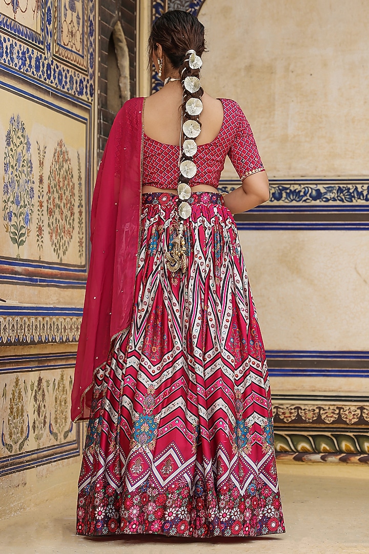 Purple Satin Ajrakh Printed Gathered Lehenga Set by Scakhi Luxe at Pernia's Pop Up Shop