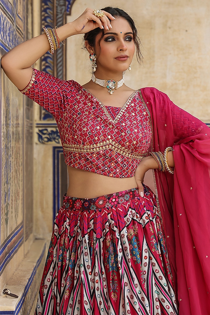 Purple Satin Ajrakh Printed Gathered Lehenga Set by Scakhi Luxe at Pernia's Pop Up Shop