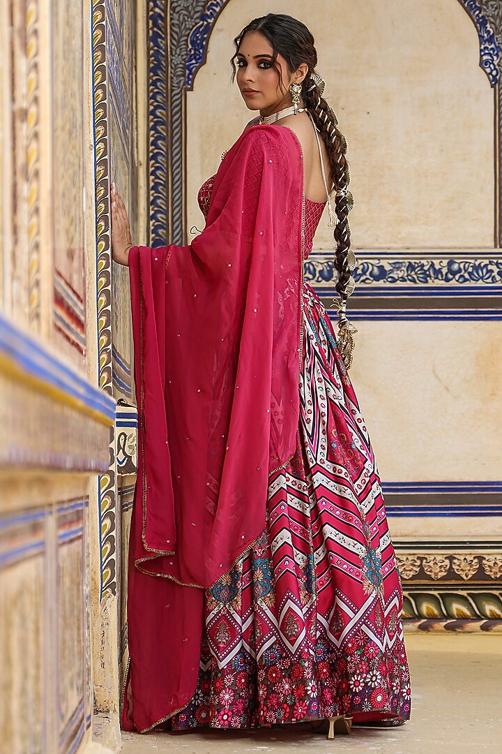 Purple Satin Ajrakh Printed Gathered Lehenga Set by Scakhi Luxe at Pernia's Pop Up Shop
