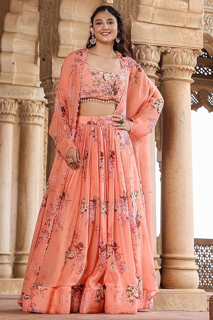 Pink Organza Floral Printed Gathered Jacket Lehenga Set by Scakhi at Pernia's Pop Up Shop