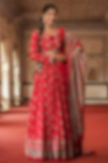 Maroon Crepe Silk Floral Printed Gathered Lehenga Set by Scakhi Luxe at Pernia's Pop Up Shop