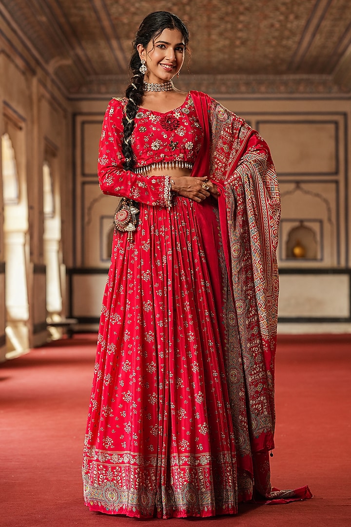 Maroon Crepe Silk Floral Printed Gathered Lehenga Set by Scakhi Luxe at Pernia's Pop Up Shop