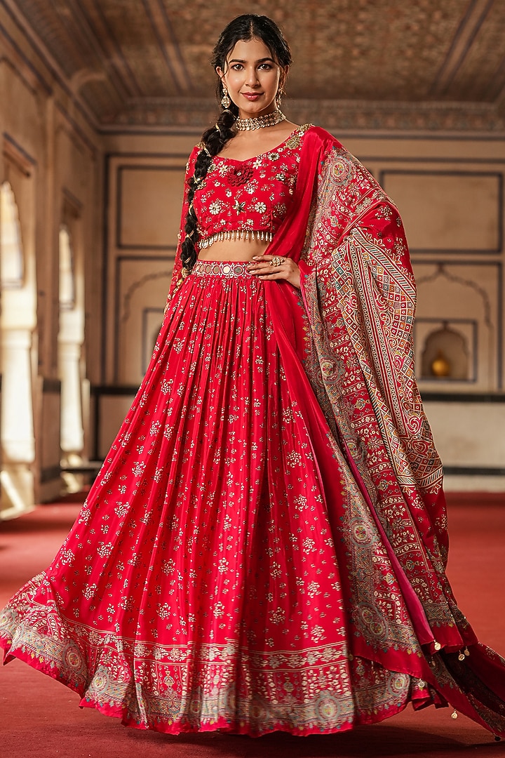 Maroon Crepe Silk Floral Printed Gathered Lehenga Set by Scakhi Luxe at Pernia's Pop Up Shop