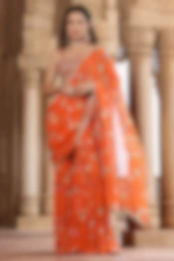 Orange Georgette Floral Printed Pre-Draped Sharara Party Wear Saree Set by Scakhi Luxe at Pernia's Pop Up Shop