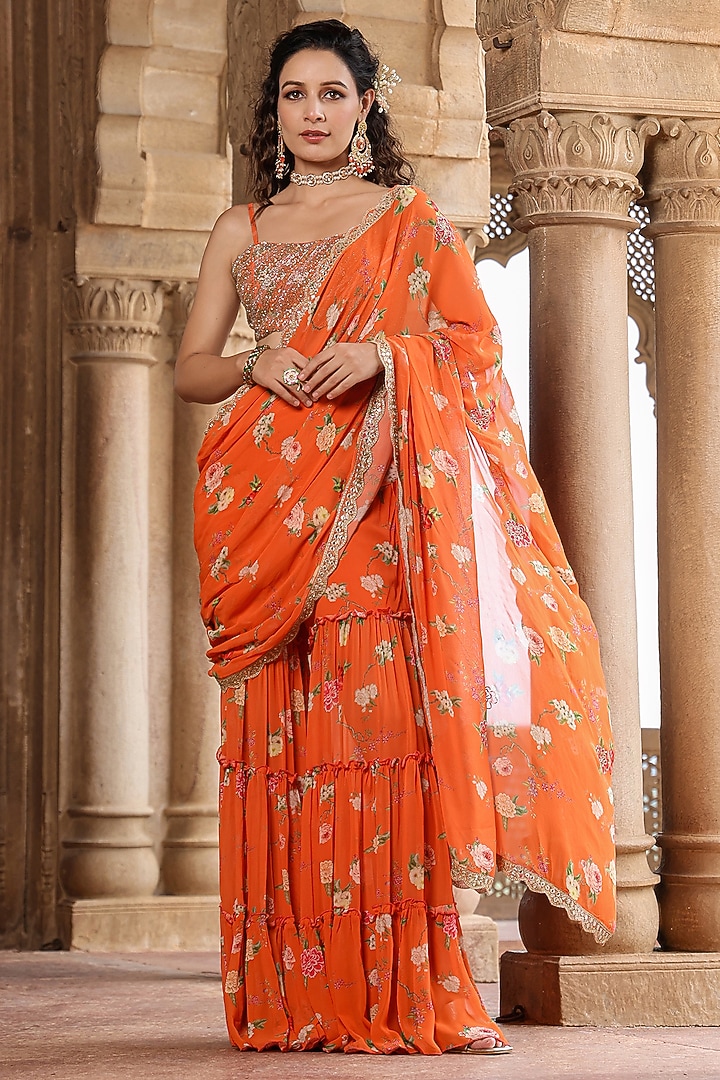 Orange Georgette Floral Printed Pre-Draped Sharara Party Wear Saree Set by Scakhi Luxe at Pernia's Pop Up Shop
