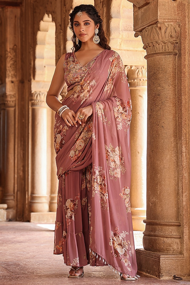 Lavender Georgette Floral Printed Pre-Draped Sharara Saree Set by Scakhi at Pernia's Pop Up Shop